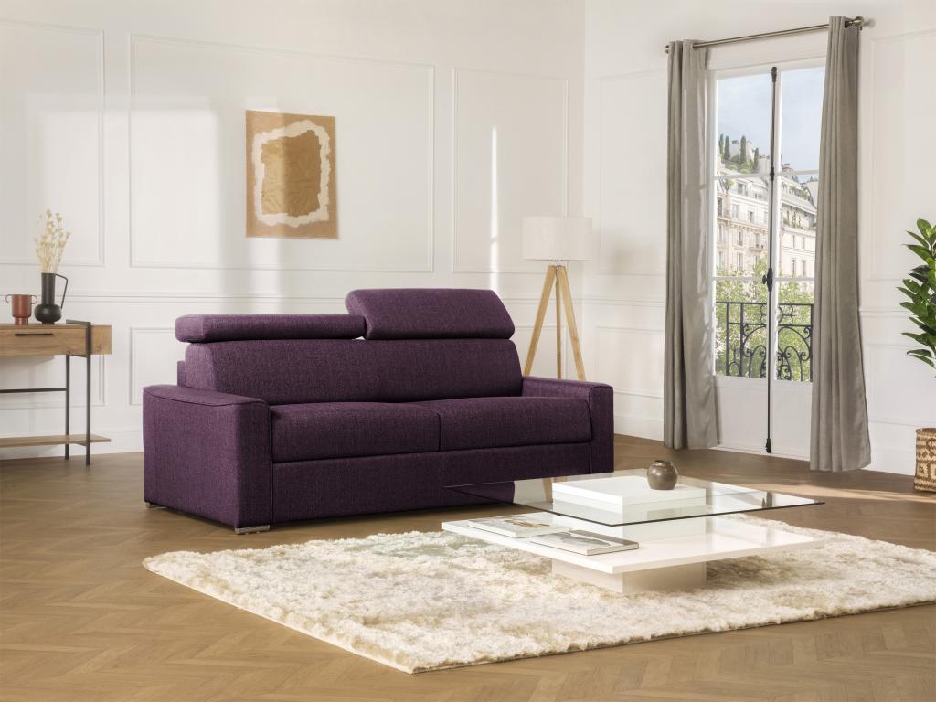 Sofá cama de 4 plazas de tela de apertura rápida VIZIR - Violeta - Somier de láminas de 160 cm - Colchón de 14 cm con memoria de forma
