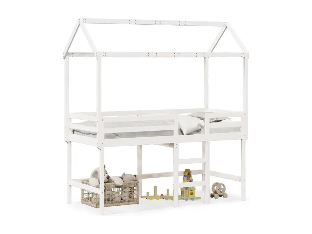 Cama alta escalera y techo madera maciza pino blanca 90x190 cm bzu3638770