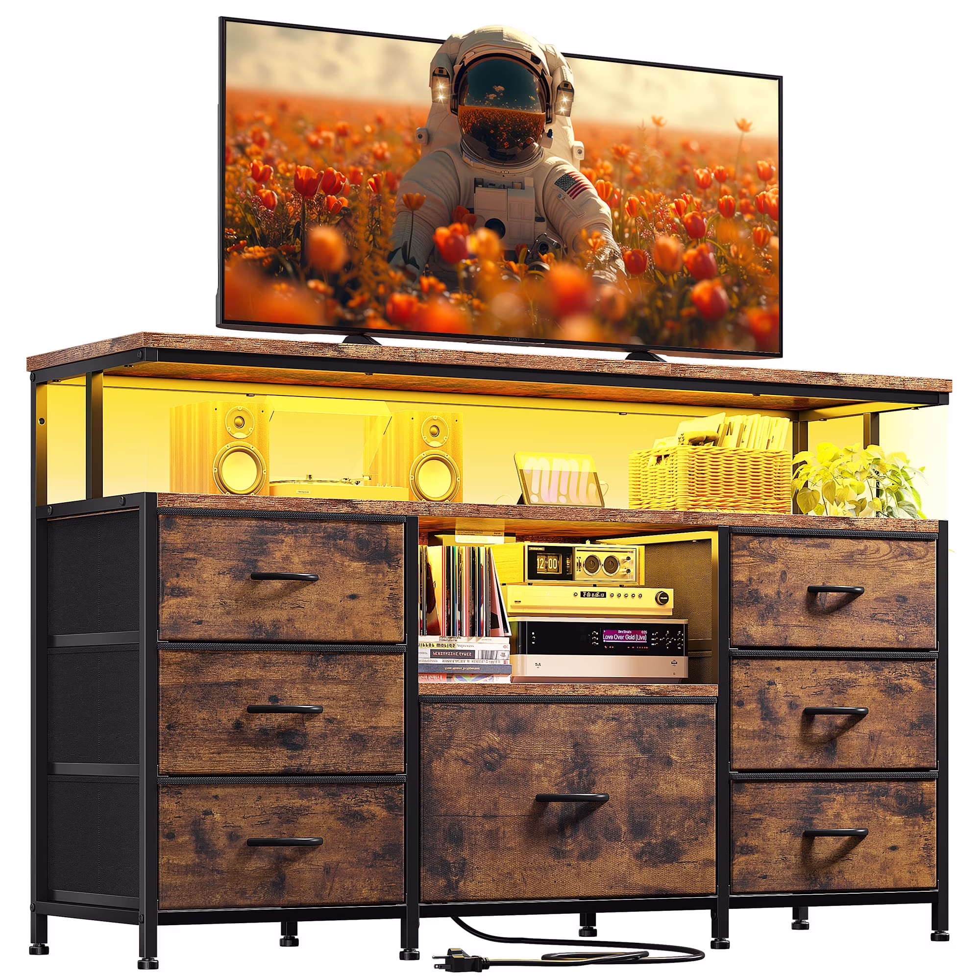 EnHomee Dressers for bedroom TV Stand with Power Outlets &LED Lights Wide Dresser with 10 Drawers&Side Pockets & Hook Fabric Chest of Drawers,Black - Image 3