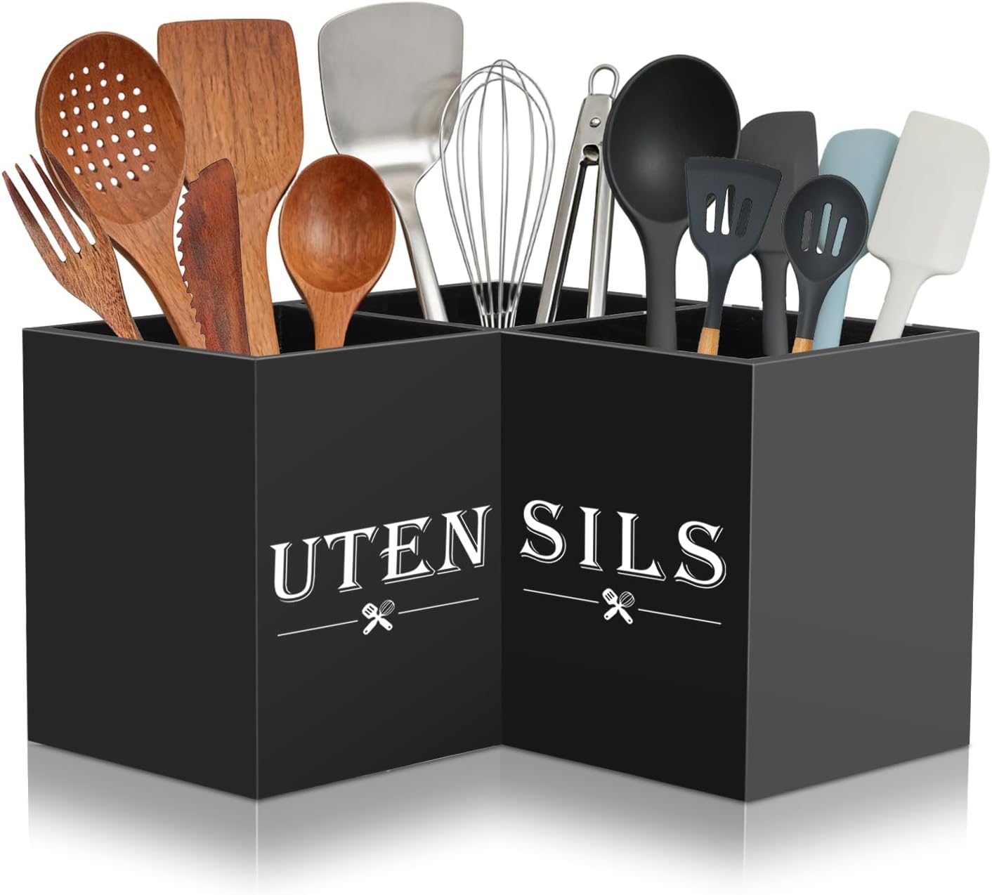 Extra Large Utensil Holder with 3 Compartments, Durable Wooden Utensil Organizer for Kitchen Countertop, Spatula and Spoon Holder Farmhouse Decor (White Grain)