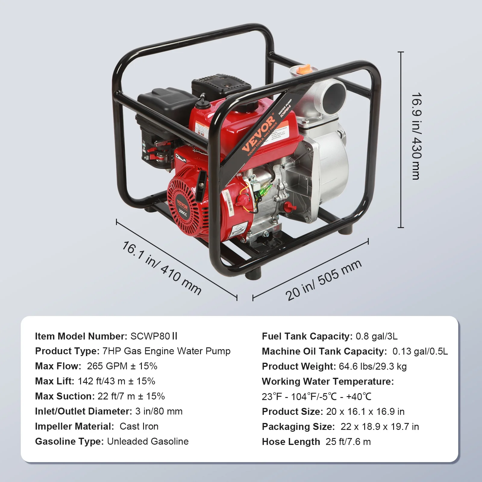 VEVOR Gasoline Engine Water Pump,3-inch, 7HP 265 GPM, 142ft Lift, 22ft Suction,4-Stroke Gas Powered Trash Water Transfer Pump Portable High Pressure with 25ft Hose for Irrigation Pool, EPA Certified - Image 7