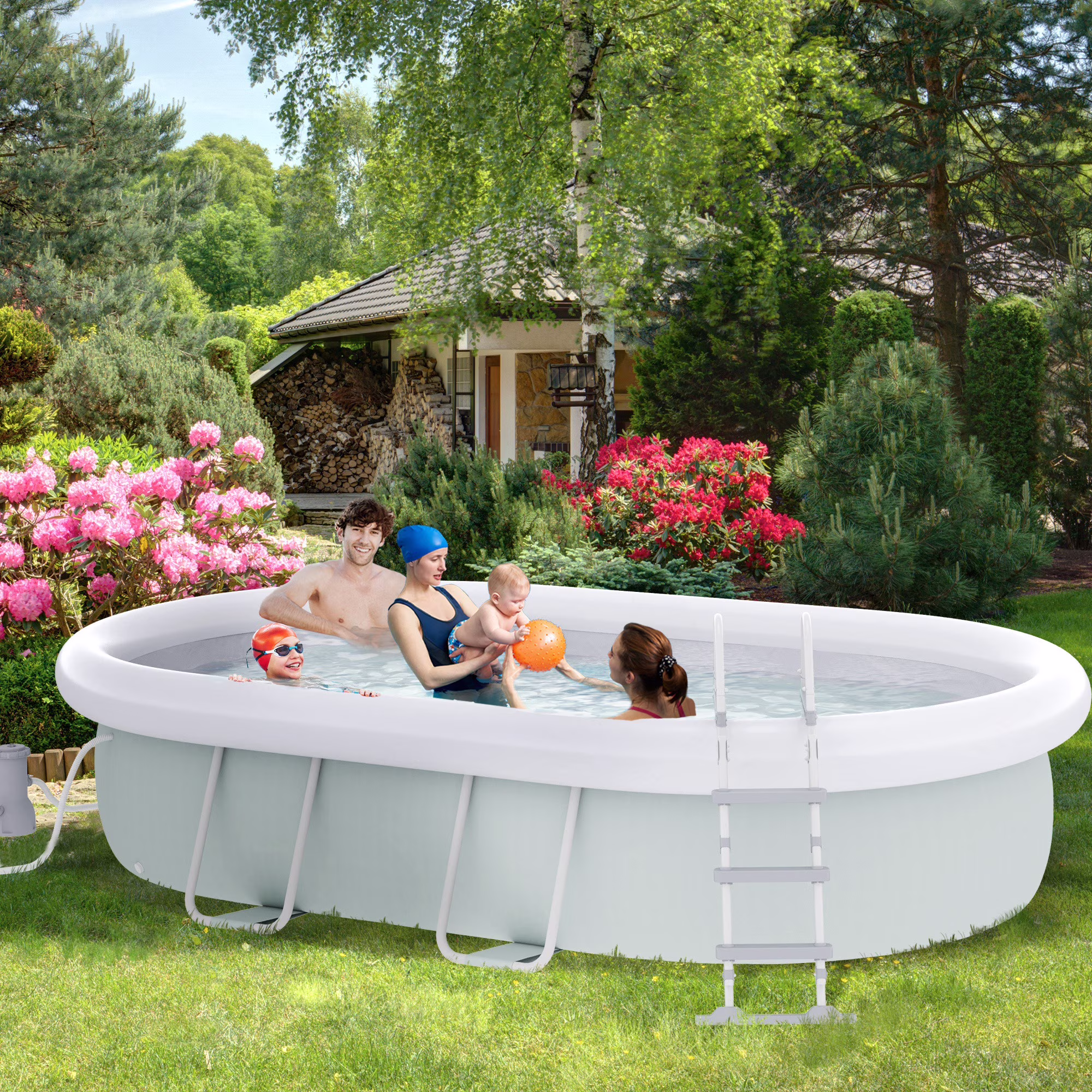 Outsunny Above Ground Swimming Pool, Semi-Inflatable Frame Pool, Brown - Image 3