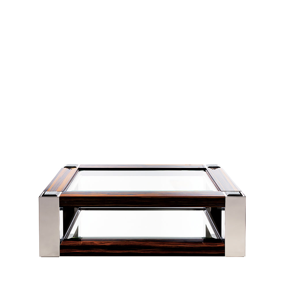 TABLE BASSE RAISINS - CRISTAL INCOLORE, ÉBÈNE NATUREL ET ACIER POLI