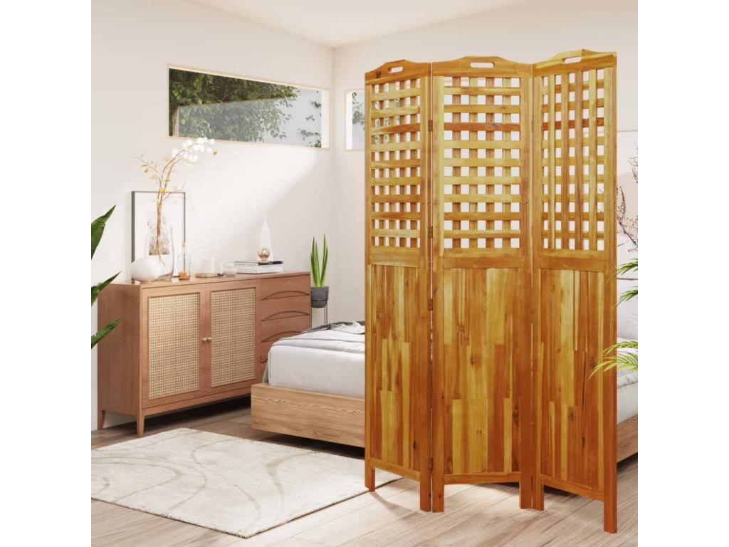 Biombo de 3 paneles de madera maciza de acacia 121,5x2x180 cm