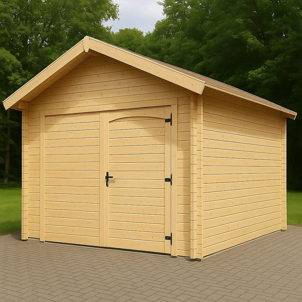 Cochera de madera con techo a dos aguas y puertas dobles, 3x5x2,7m