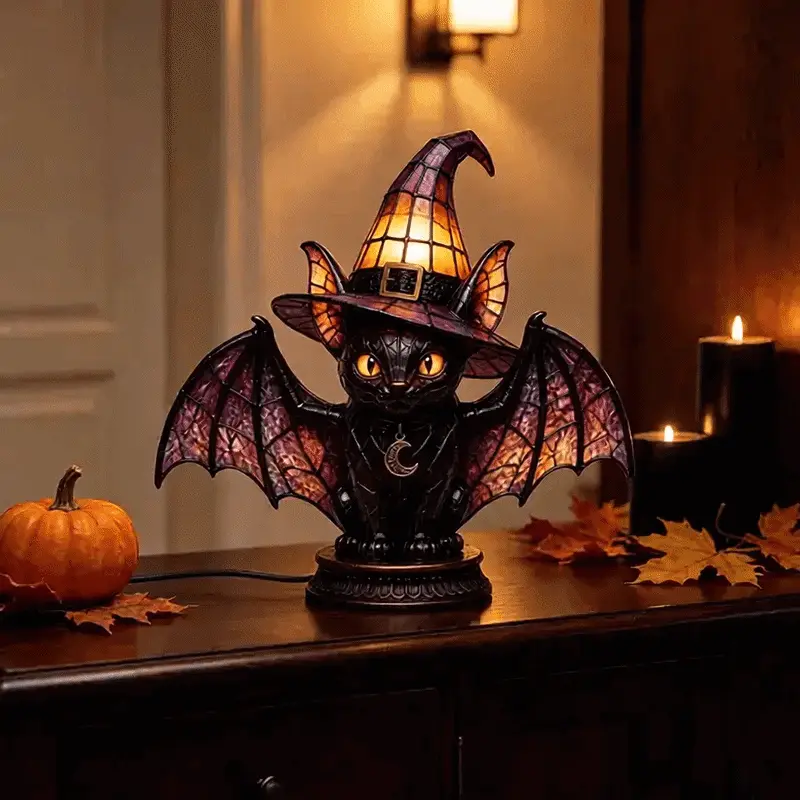 WitchLight™ Bat-Wing Cat Lamp - Gothic Halloween Stained Glass Accent Lamp - Image 3 WitchLight™ Bat-Wing Cat Lamp - Gothic Halloween Stained Glass Accent Lamp - Image 3