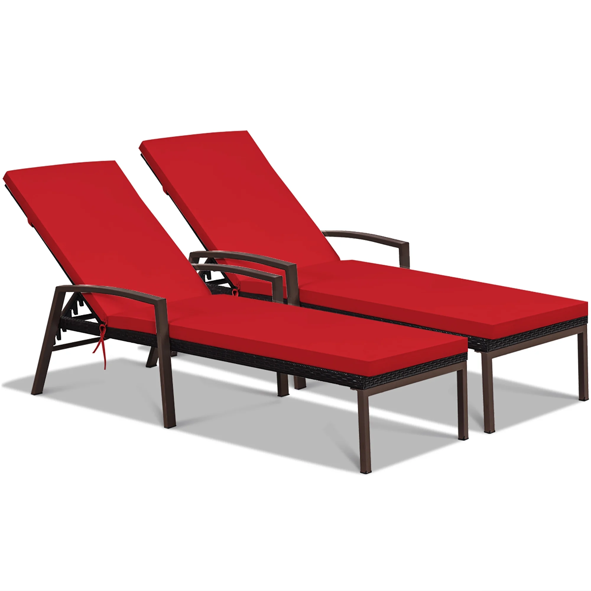 Costway 2PCS Patio Rattan Lounge Chair Chaise Recliner Back Adjustable Cushioned Red - Image 10