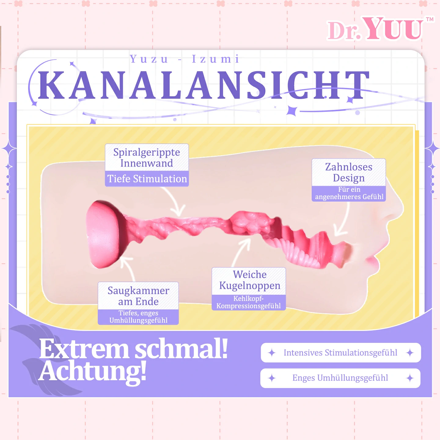 Innenansicht des engen Yuzu Kanals mit Spiralrippen, weichen Kugelnoppen und Saugkammer am Ende