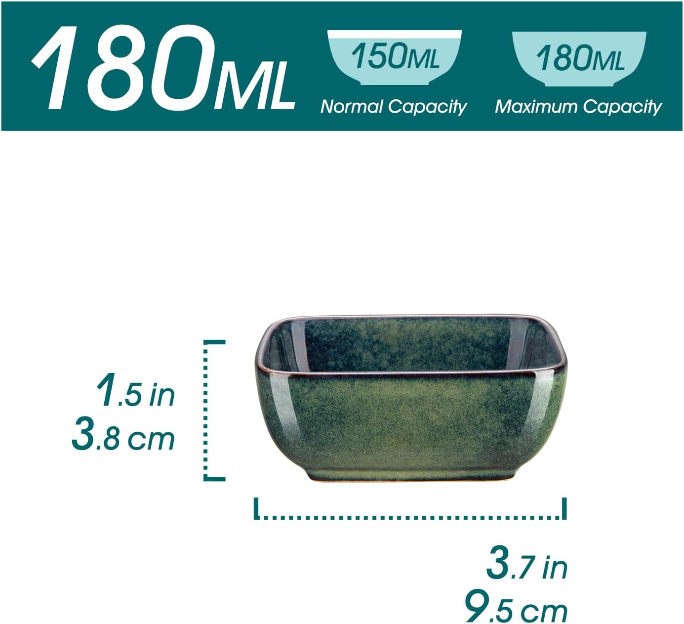 vancasso Stern 6 Oz Dipping Bowls, 3.7 Inches Ceramic Soy Sauce Dish, Square Side Dishes, Small Appetizer Plates Set of 4, Green