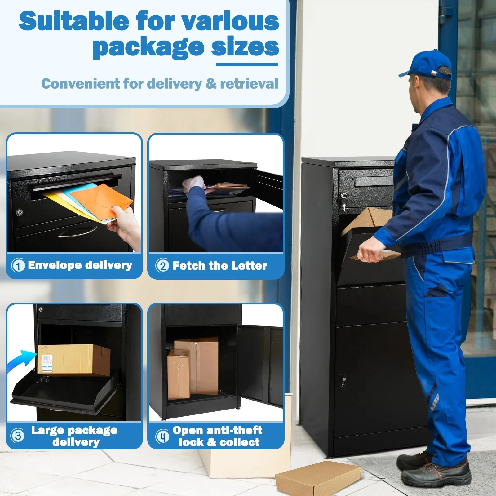 Gaonala Steel Package Delivery Box 19.6x14.4x44.9in Lockable Weather-Resistant Black - Image 9 Gaonala Steel Package Delivery Box 19.6x14.4x44.9in Lockable Weather-Resistant Black - Image 9