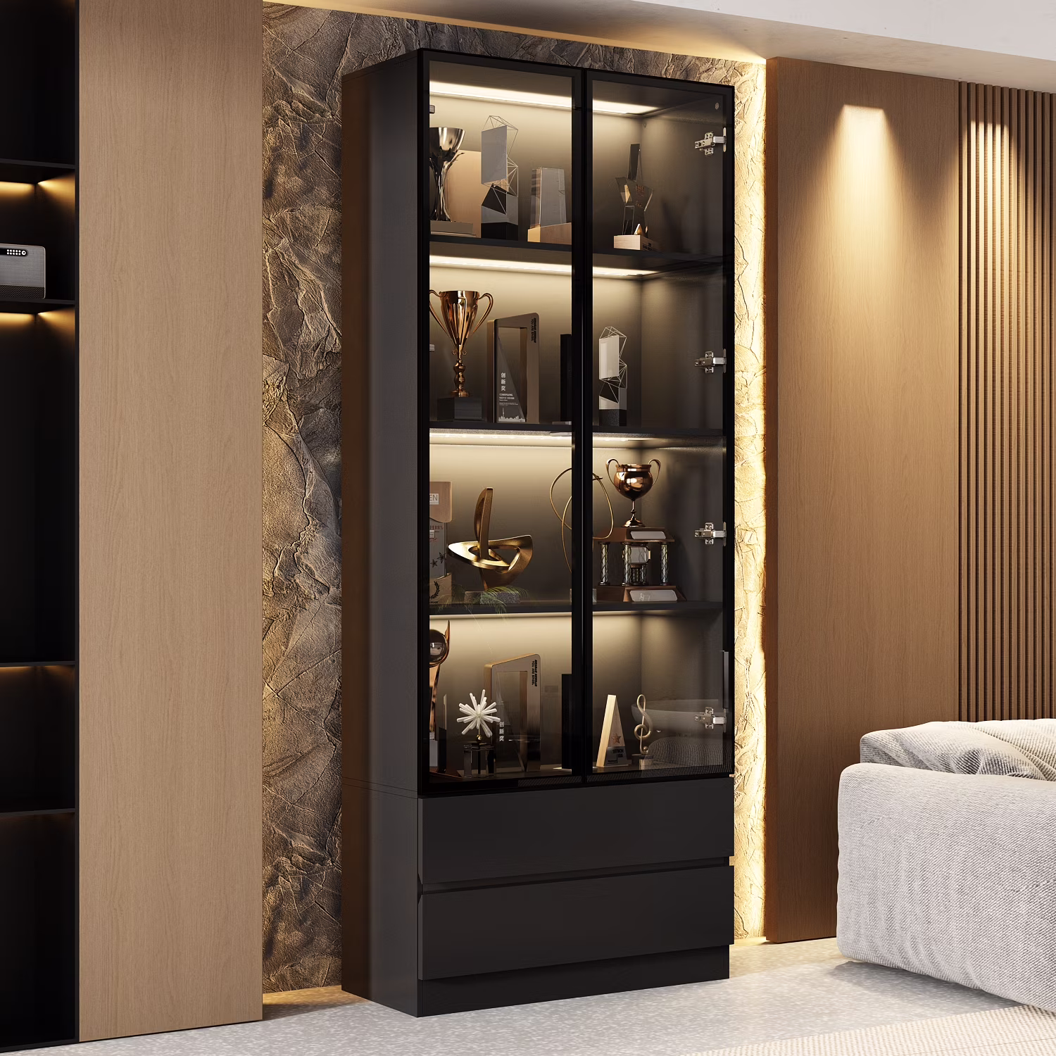 KULAGAGA Bookcases Organizer with LED Lights, Heavy Duty Display Cabinet with Glass Door for Living Room, 31.5" Wide - Image 5