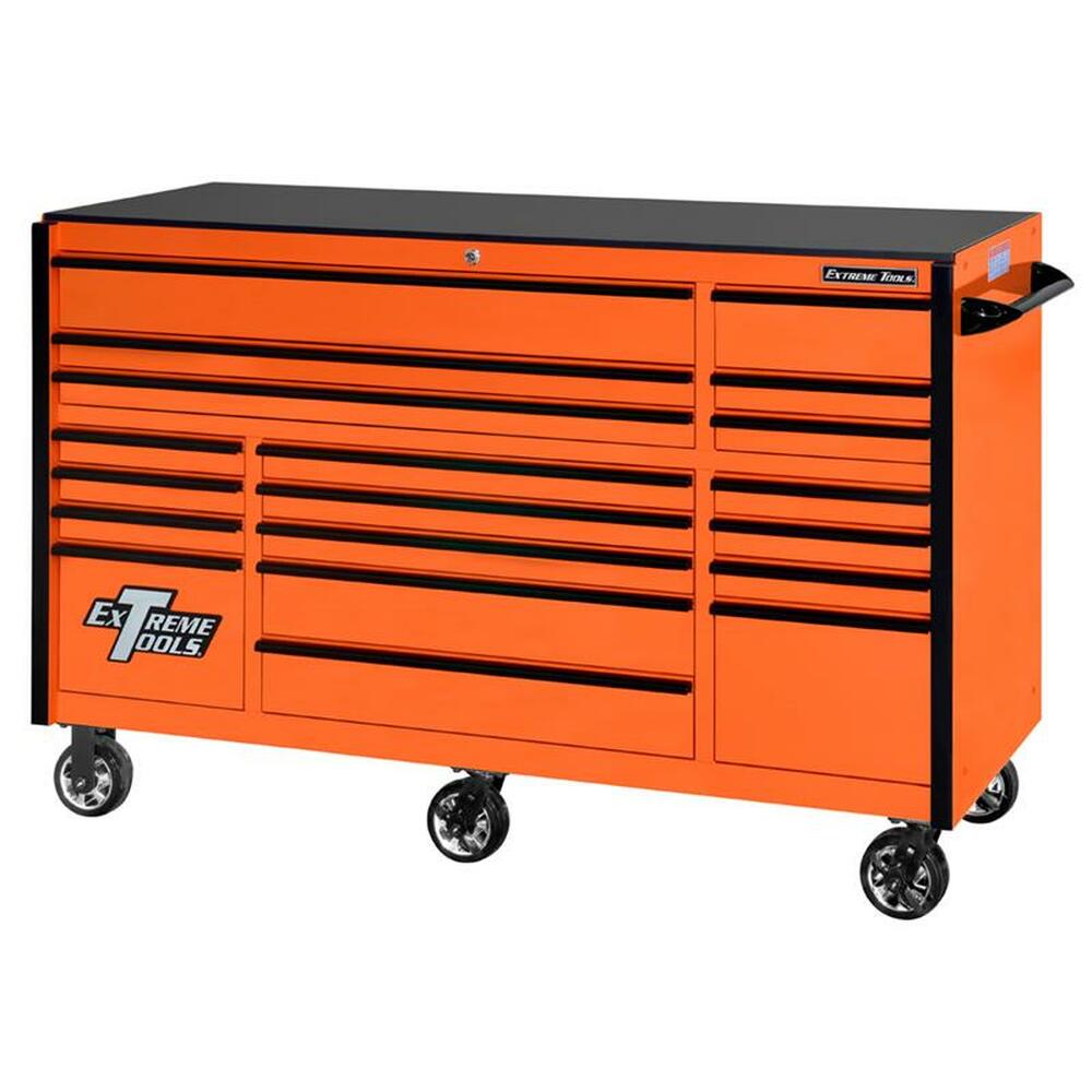 EXTREME TOOLS 72" RX SERIES 19-DRAWER 30" DEEP ROLLER CABINET - ORANGE W/BLACK DRAWER PULLS