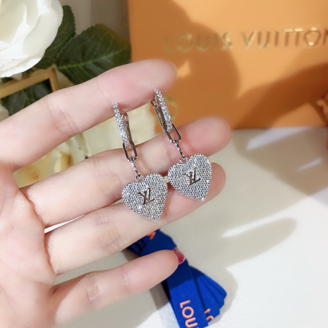 Louis Vuitton Full Diamond Hoop Heart Dangle Earrings - Original Replica Club