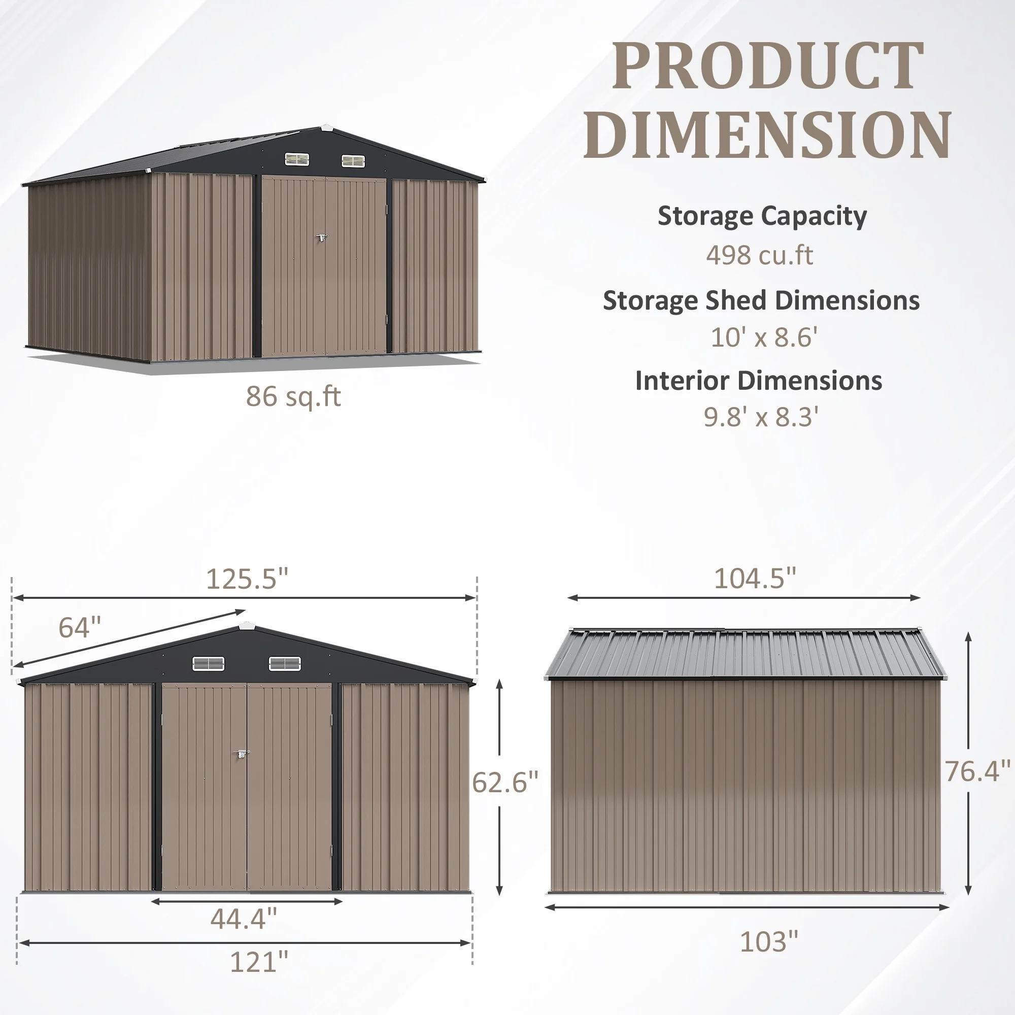 Devoko 10x8 Ft Metal Storage Shed, Lockable Steel Garden Shed for Patio Backyard Outdoor Tools, Brown - Image 6