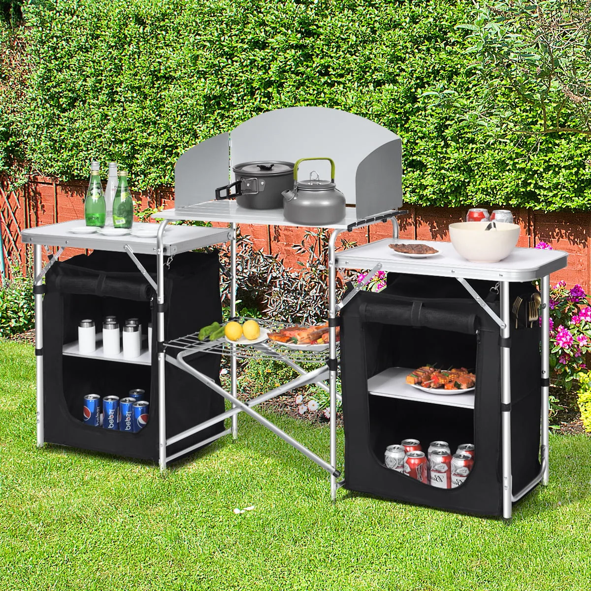 Goplus Folding Portable Aluminum Camping Grill Table w/ Storage Organizer Windscreen Black - Image 2