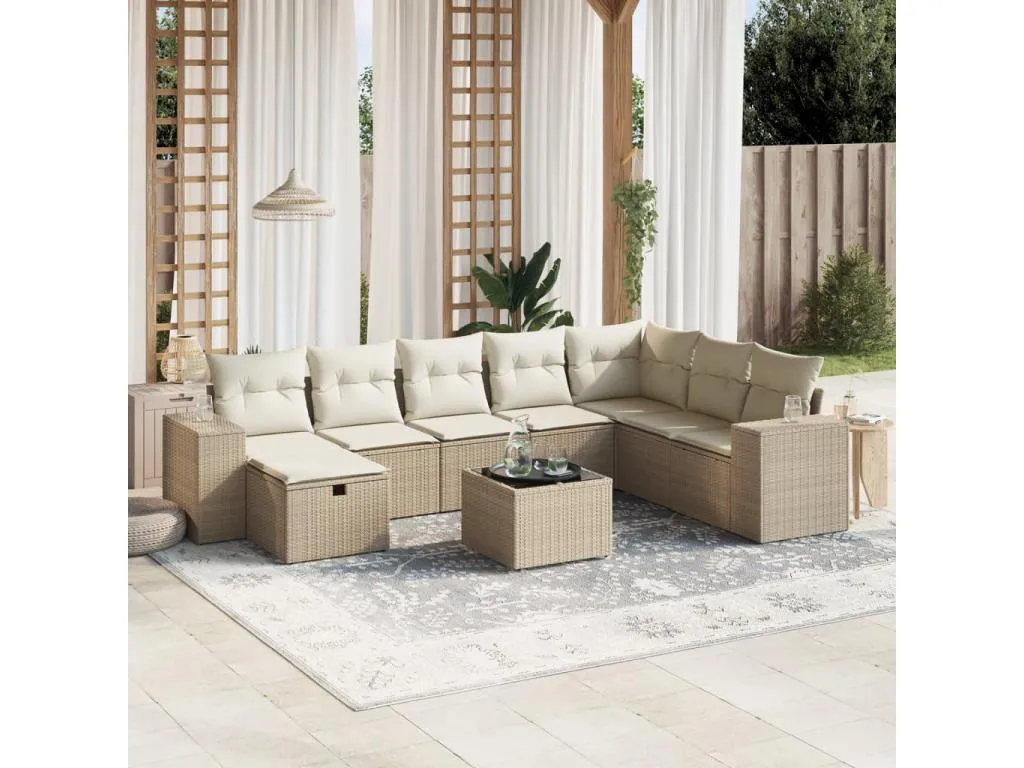Set de sofás de jardín 9 piezas con cojines ratán sintético beige