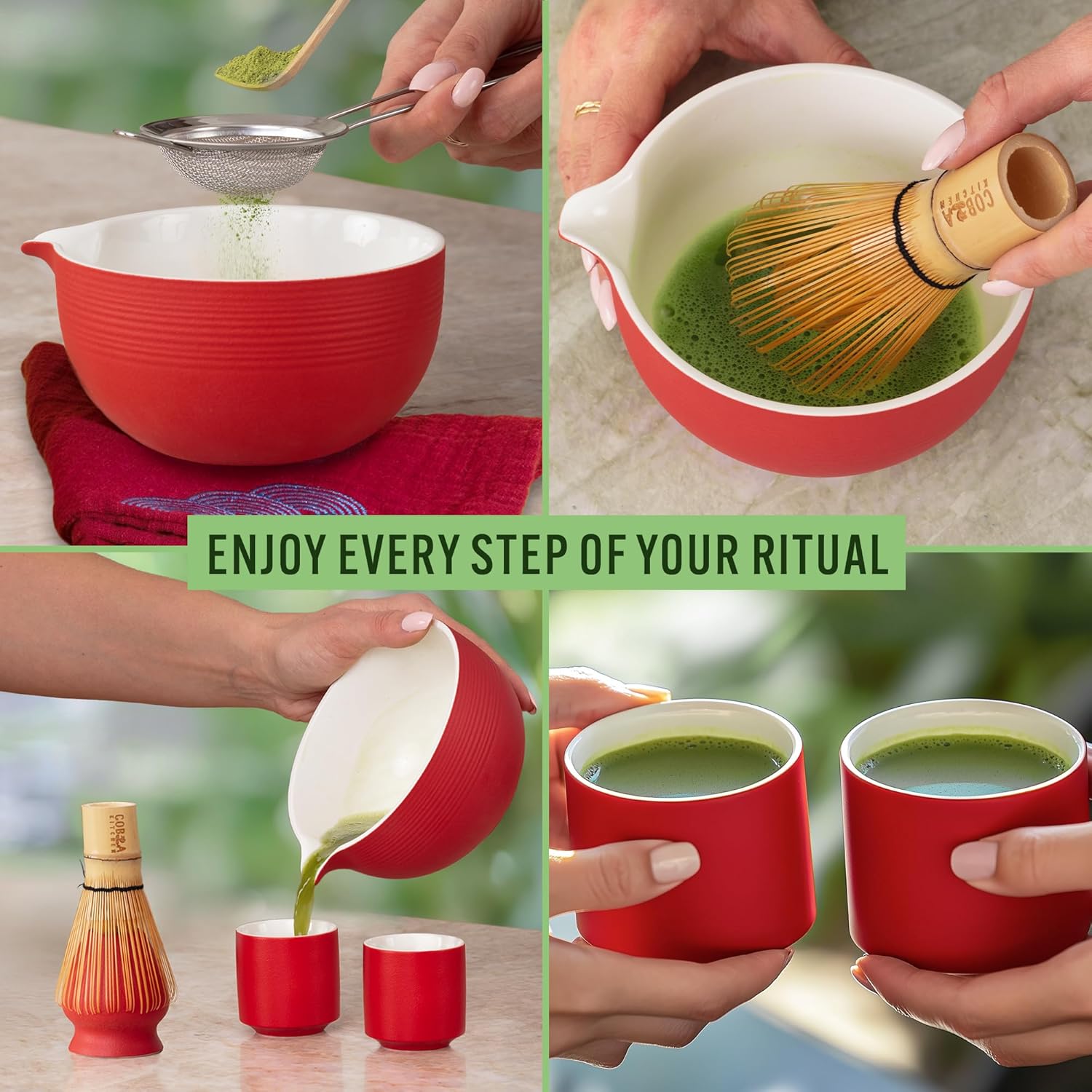 Lucky Red Matcha Tea Set – Japanese Matcha Kit with Bamboo Whisk, Sieve, Scoop, Cups & Ceramic Bowl – Red Matcha Ceremonial Set – Authentic Gift Set & Accessories for Smooth, Frothy Tea. 2 cups