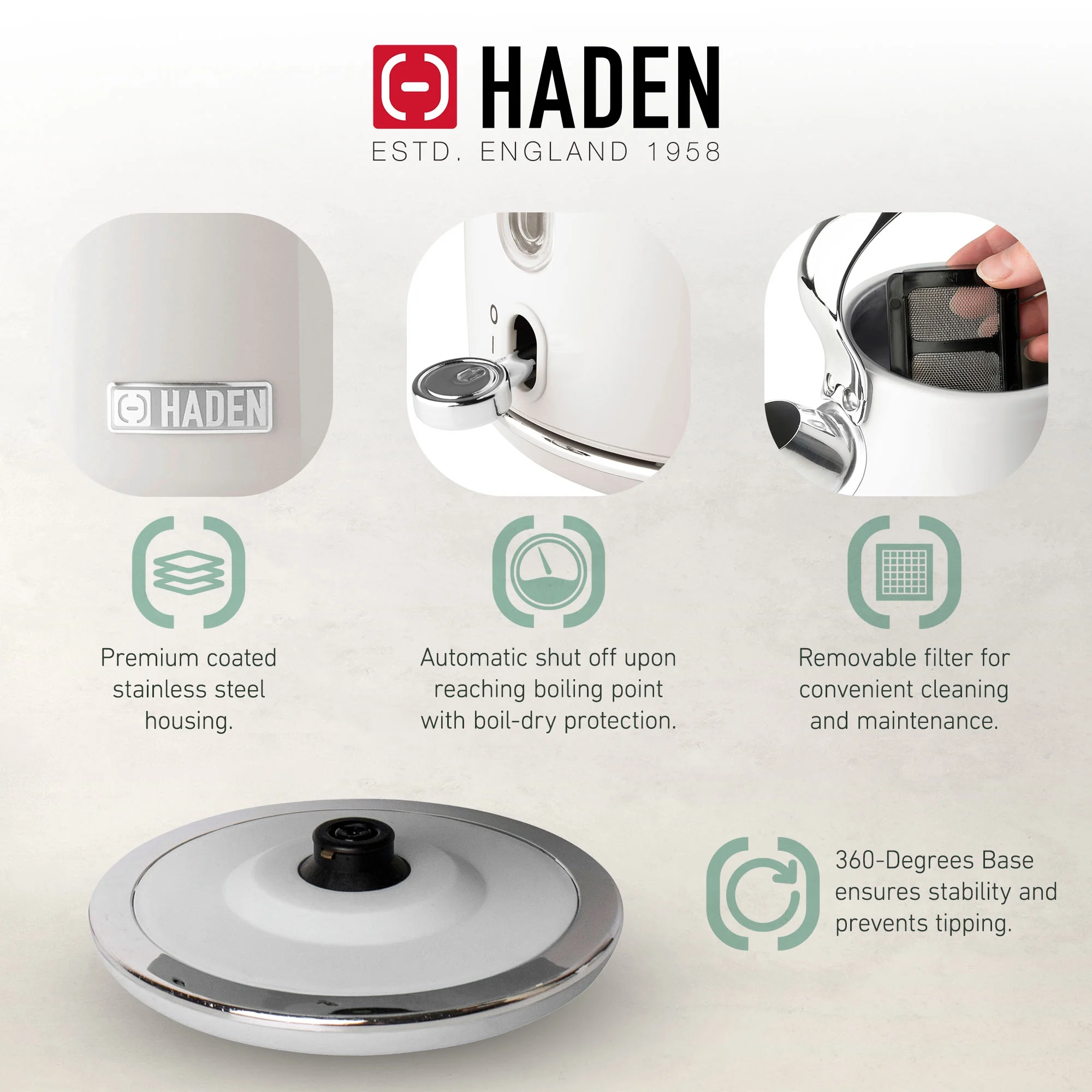 Haden Heritage 1.7 Liter Electric Kettle with 2 Slice Bread Toaster, White - Image 4