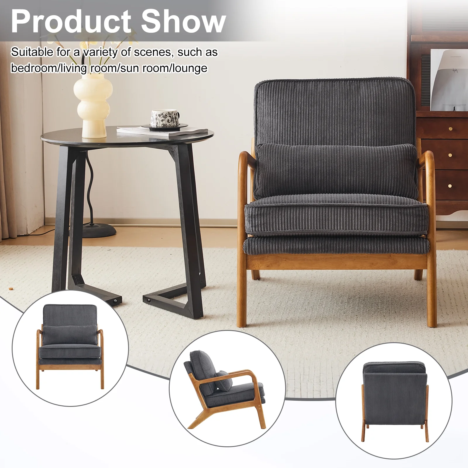 Ktaxon Accent Chair Corduroy Upholstered Armchair, Reading Club Chair with Pillow and Solid Wood Frame for Living Room Bedroom Furniture Off White - Image 116