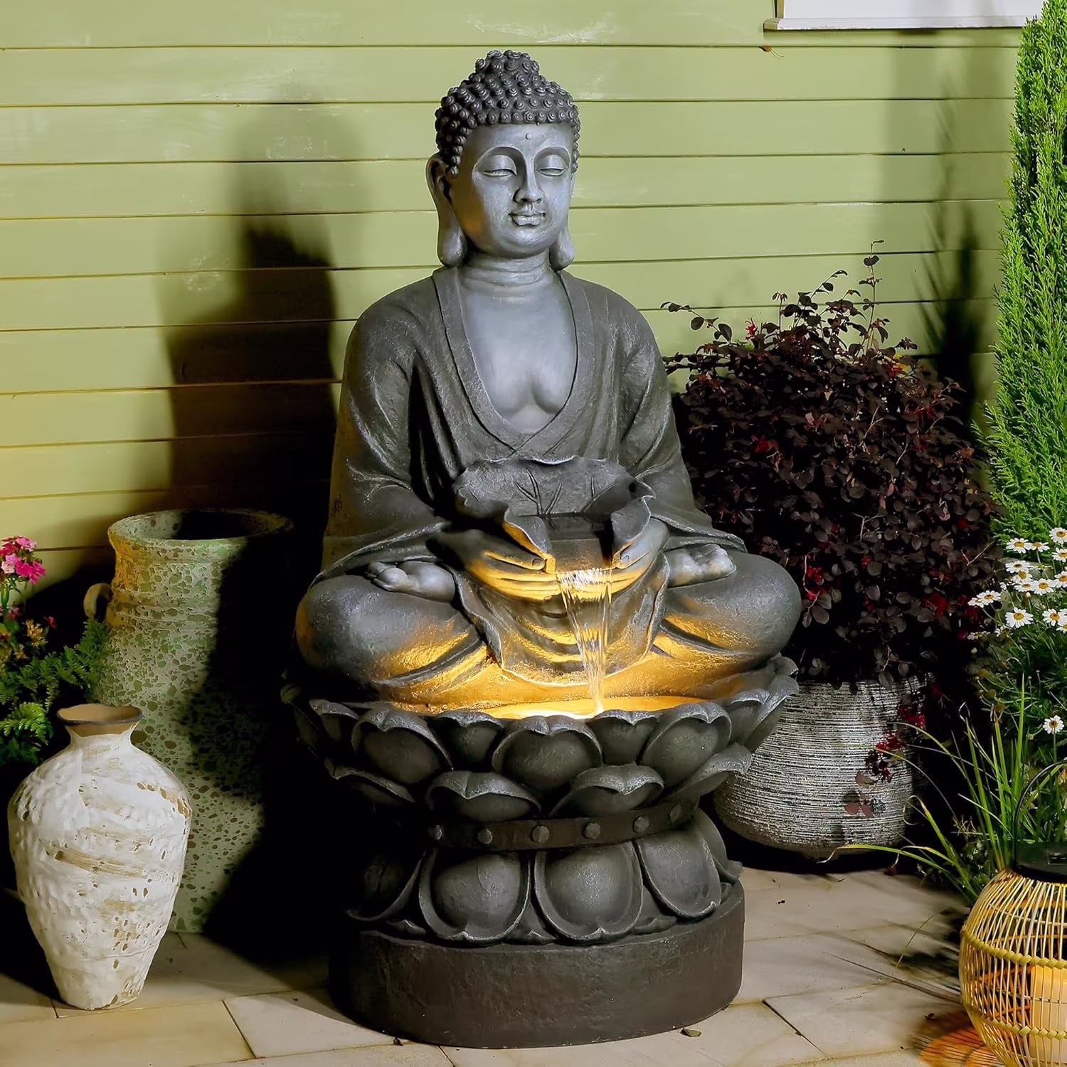 Buddha Water Fountain Outdoor Large Sitting Lotus Base Waterfall Fountains Zen Water Feature Indoor with LED Light for Garden Patio Backyard Deck Lawn Porch Balcony Home 45 inches Gold - Image 3