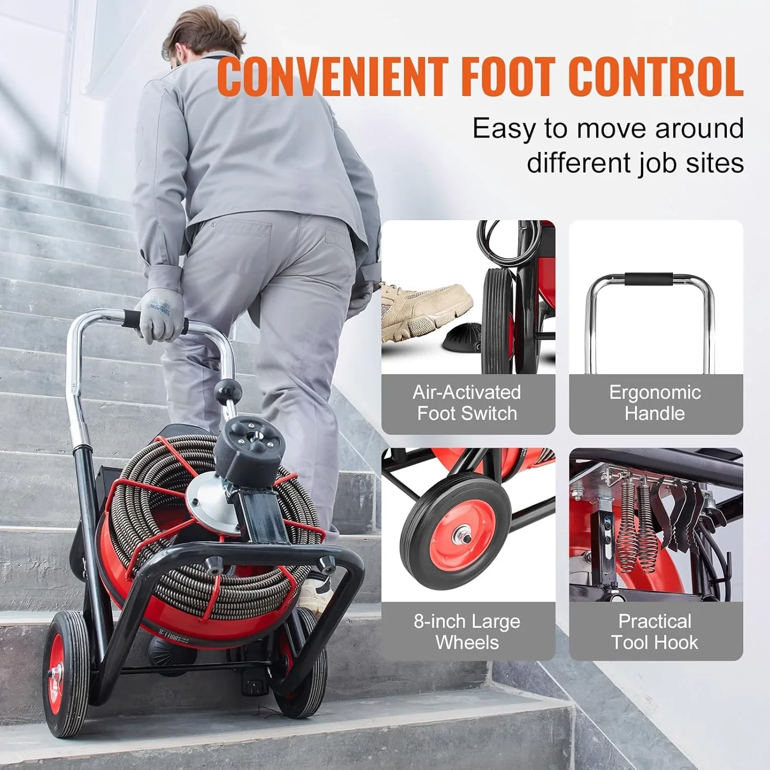 Drain Cleaner Machine 100FT x 1/2 Inch, Auto Feed Sewer Snake Auger on Wheels, 550W Portable Drain Cleaning Machine with 8 Cutters & Air-activated Foot for 2" to 4" Pipes