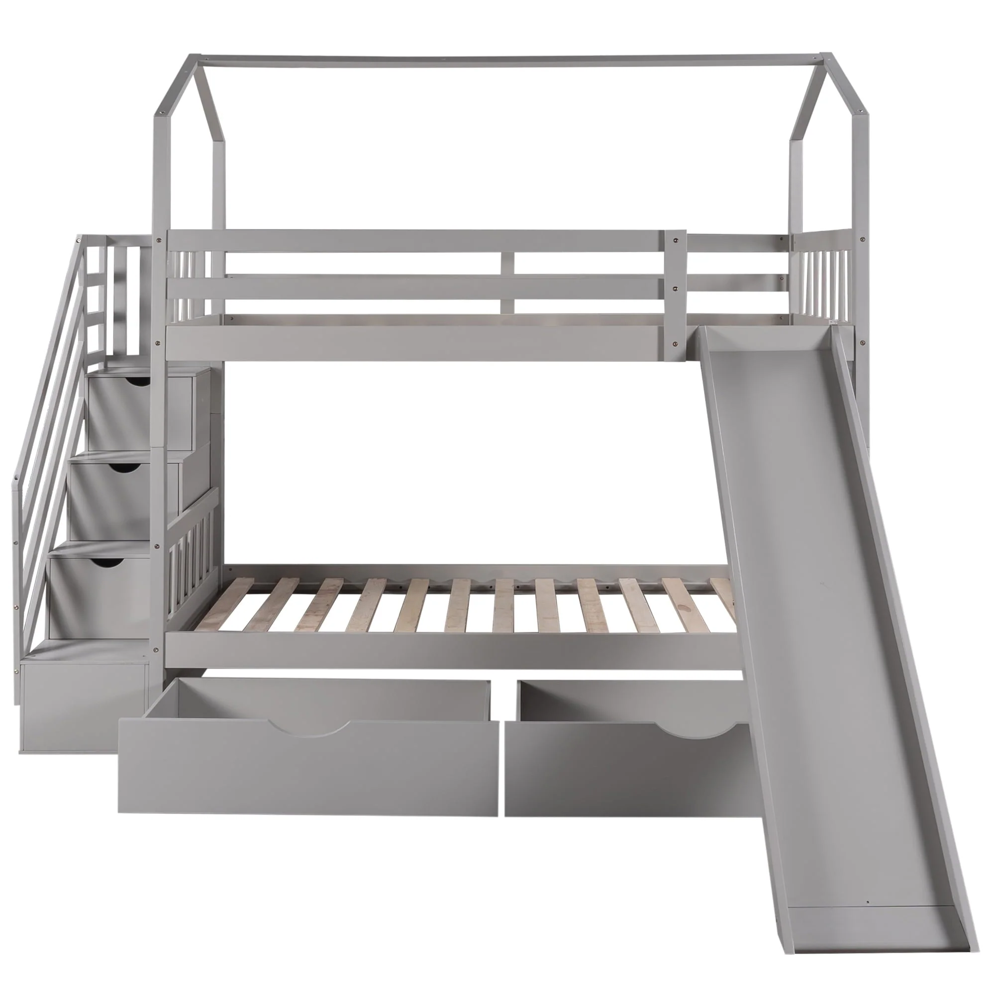 Bellemave Twin Over Twin House Bunk Bed with Slide and Stairs,Wooden Bunk Bed with Storage Drawers,Playhouse Bed for Kids,Teens(Gray) - Image 6