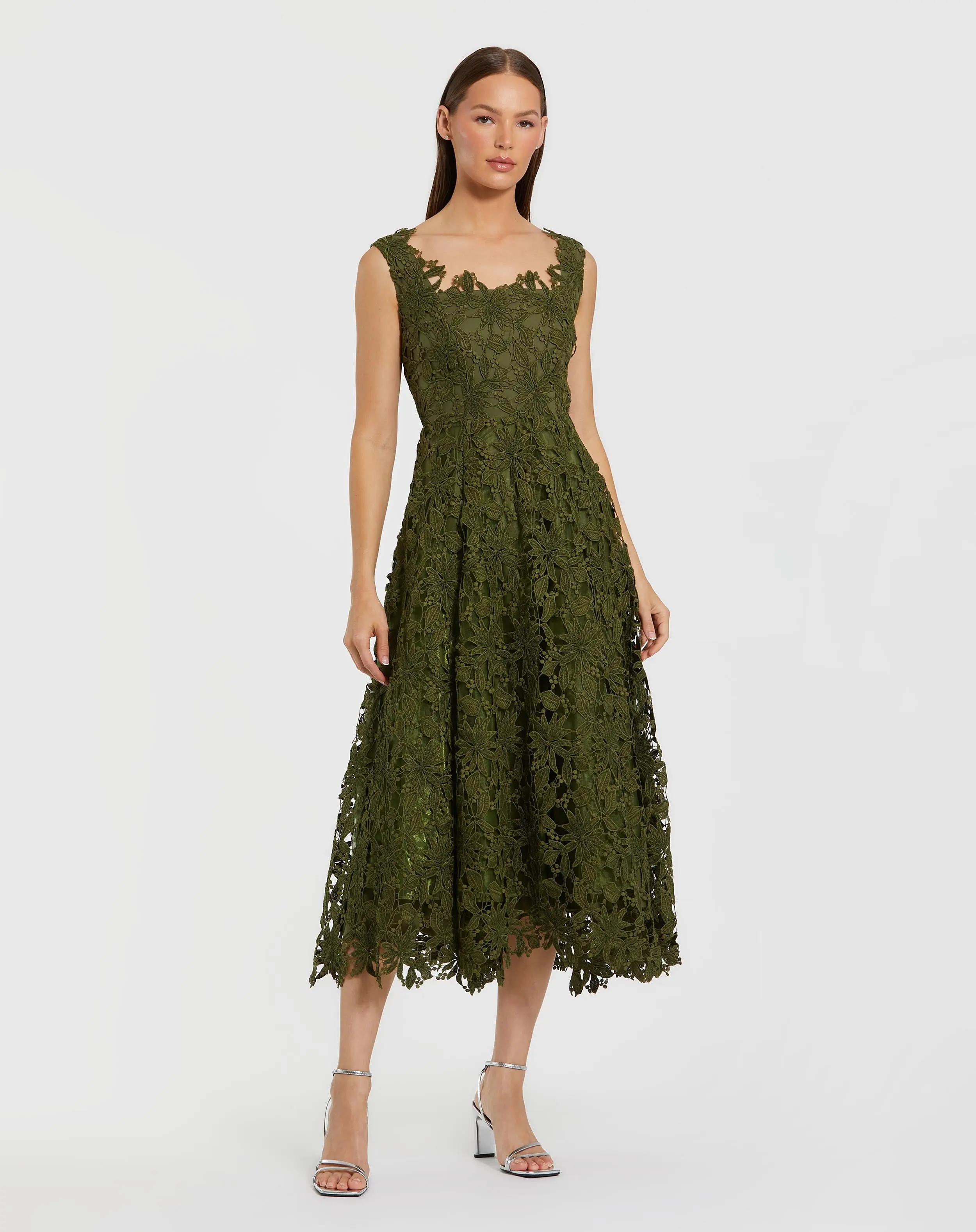 Olive Sleeveless Embroidered Lace A-Line Midi Dress - Special Events Unlimited