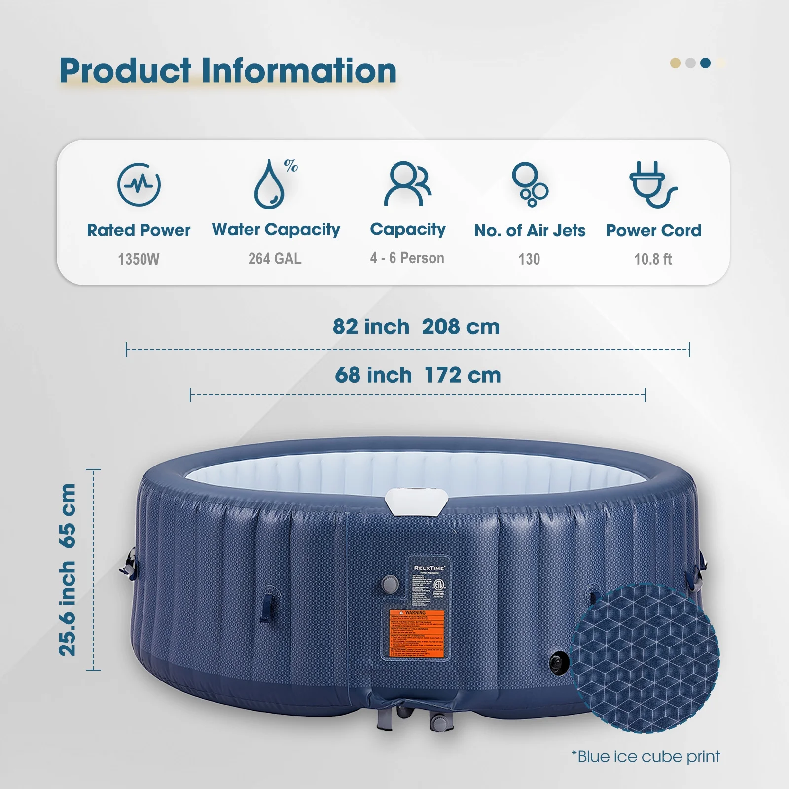 RELXTIME 4-6 Person Inflatable Hot Tub Pool Round Portable Outdoor Spa with 130 Massage Jets, Blue - Image 2
