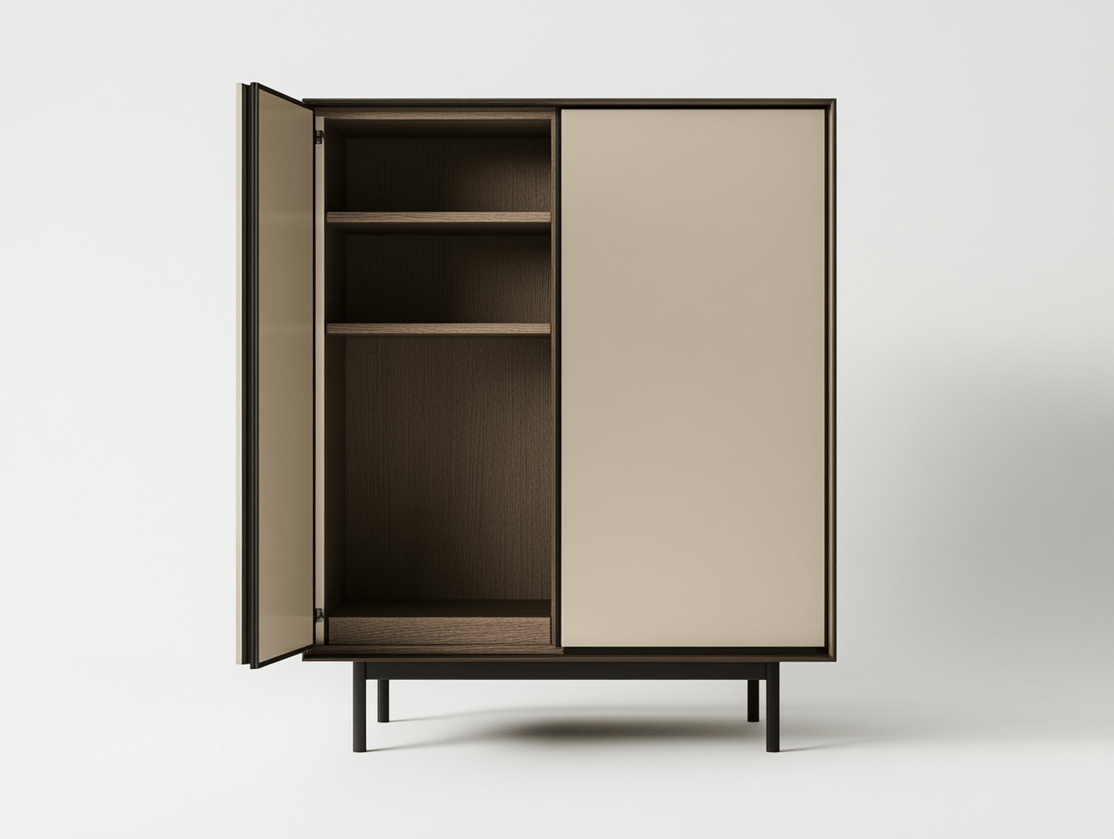 Armario de diseño minimalista con puertas lisas beige estructura elevada y estantes interiores en madera oscura