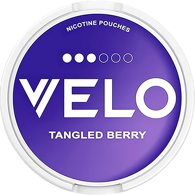 VELO Tangled Berry 10mg nicotine pouches — Slim Moist can with 20 strong mixed-berry pouches