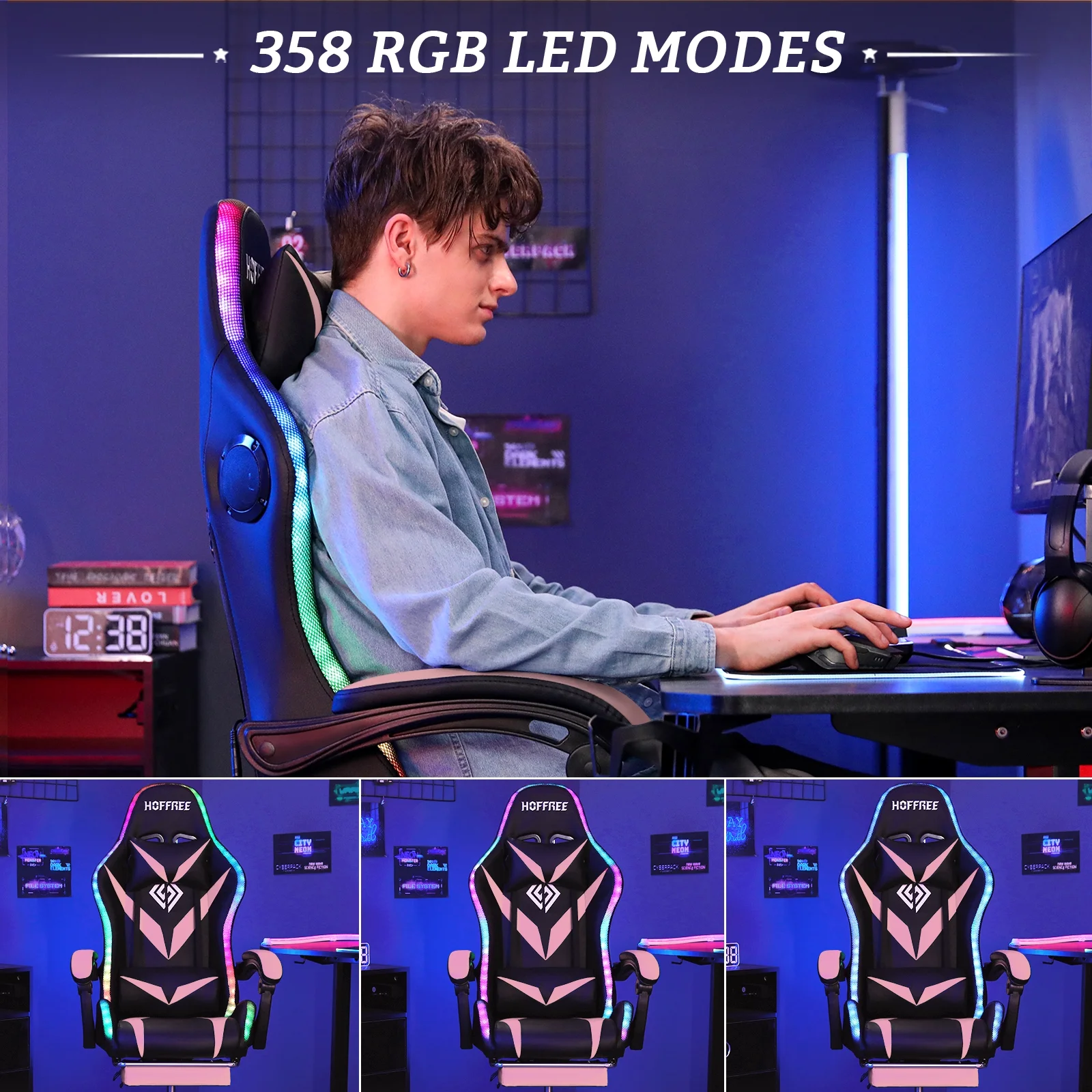 Hoffree Gaming Chair with Speakers PU Leather Office Chair with Footrest and LED Lights Ergonomic Gamer Chair with Massage Lumbar Support and Headrest Adjustable Swivel for Home Office 300lb - Image 24
