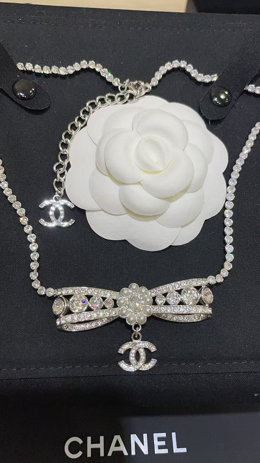 Chanel Rhinestone Strass Bowknot Pendant Necklace - Original Replica Club