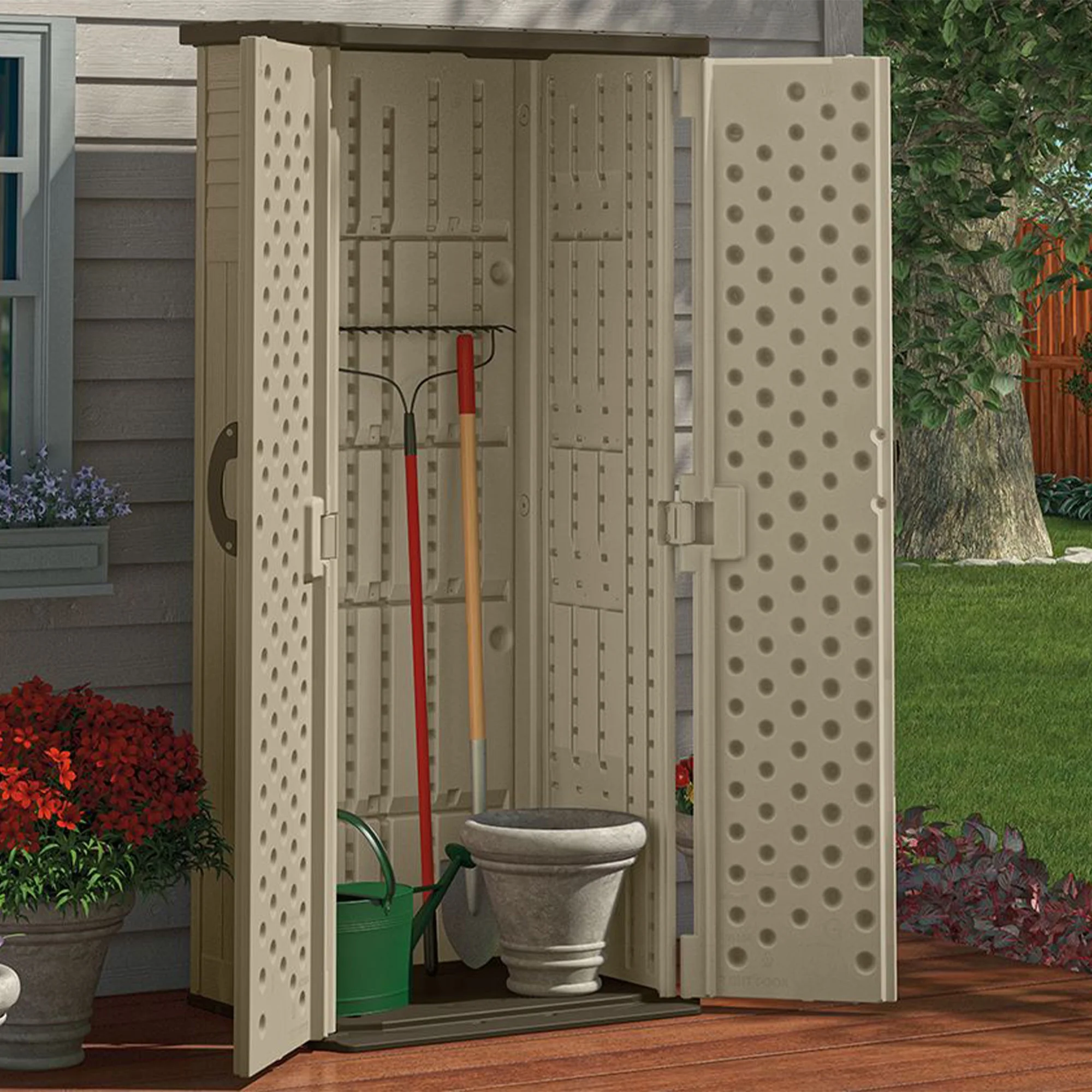 Suncast 22 Cubic Feet All-Weather Vertical Tall Outdoor Storage Shed, Brown - Image 12