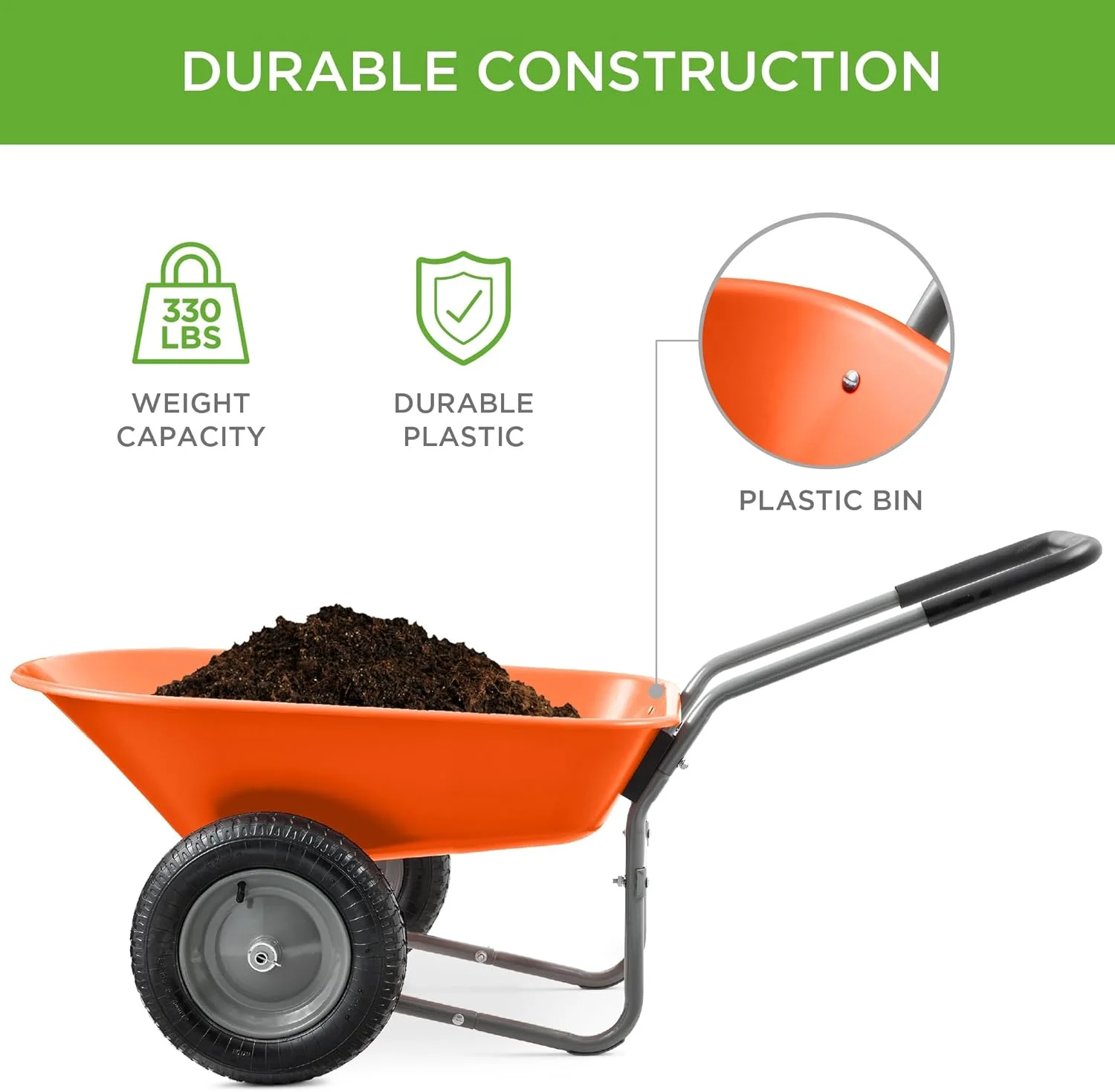 ZMMOO Dual-Wheel Home Utility Yard Wheelbarrow Garden Cart w/Built-in Stand for Lawn, Gardening, Construction - Red - Image 24