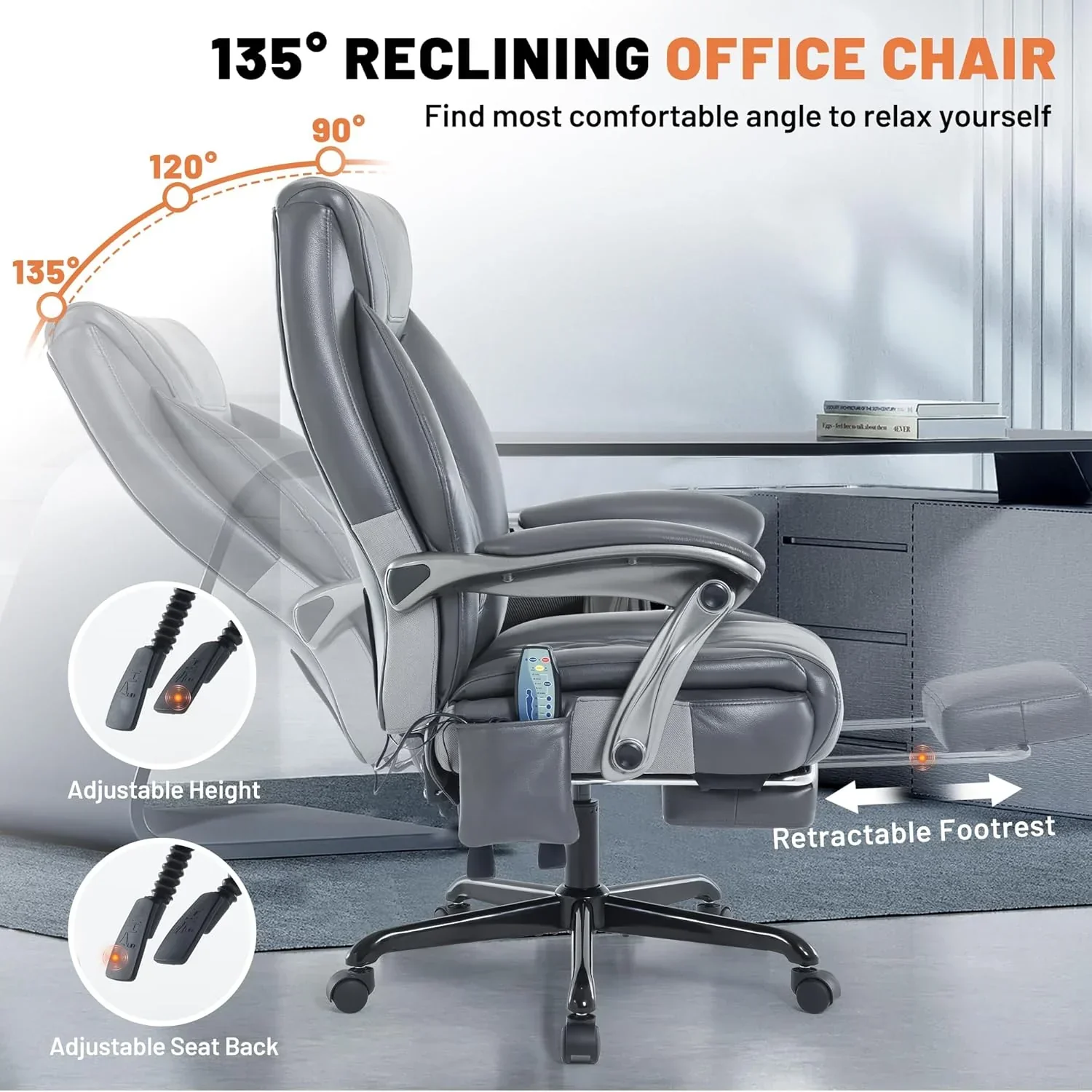 Massage Office Chair with Heating and Footrest Ergonomic Executive Reclining Office Chair