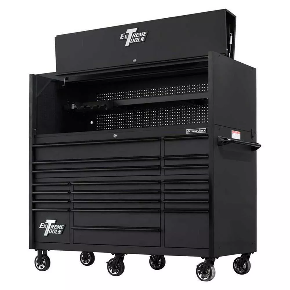Extreme Tools 72" RX Series 19-Drawer 30" Deep Roller Cabinet w/Hutch - Matte Black w/Black Drawer Pulls