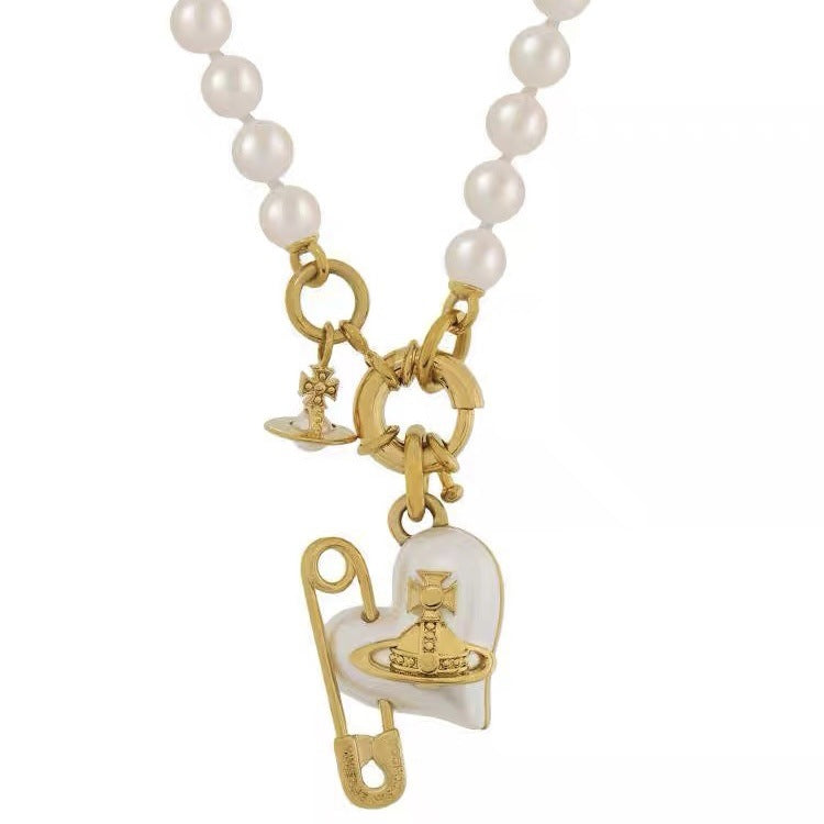 Vivienne Westwood Heart Paperclip Saturn Pearl Necklace - Original Replica Club