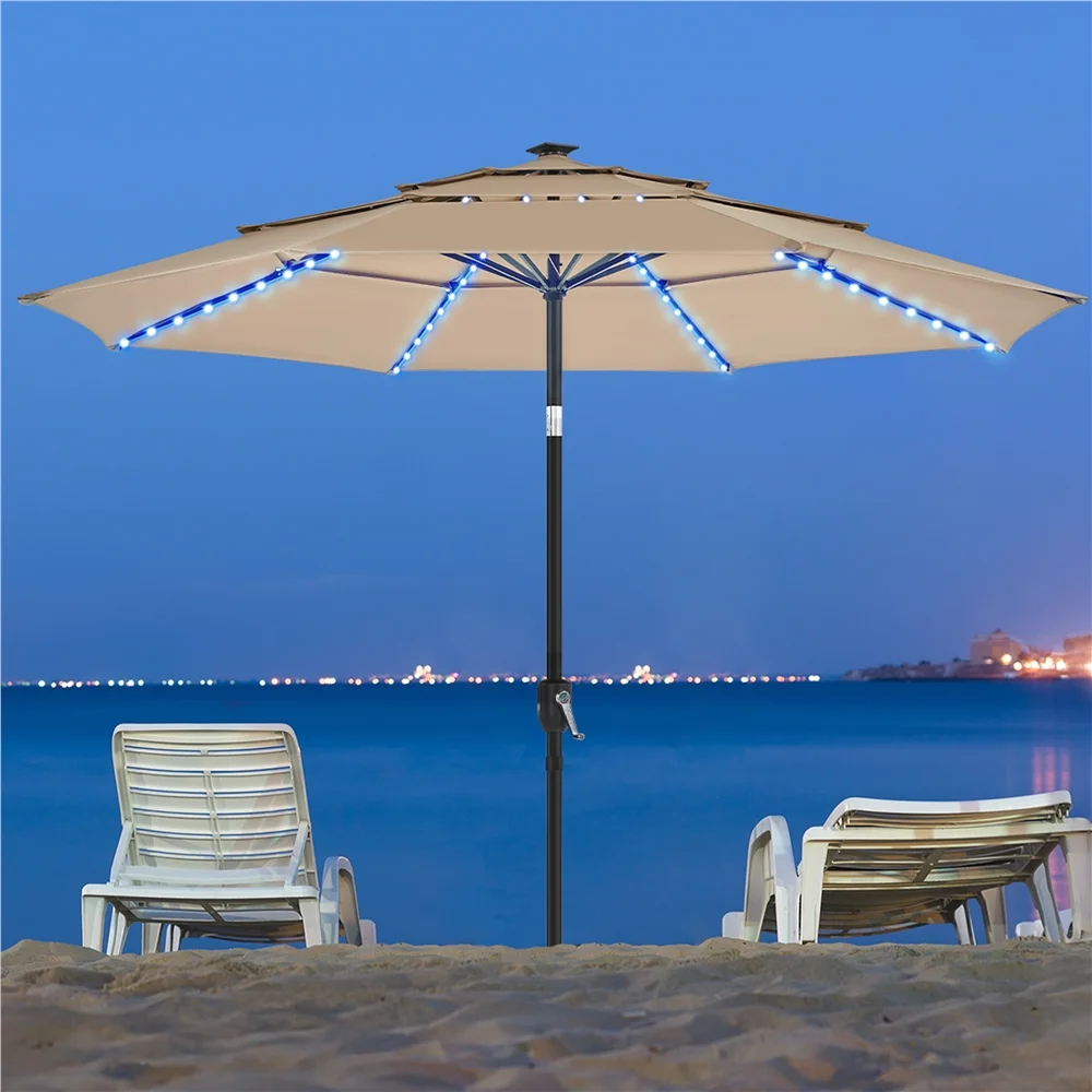 Renwick 10 Ft Outdoor Patio Parasol with Color-Changing LED Strip, Tan - Image 4