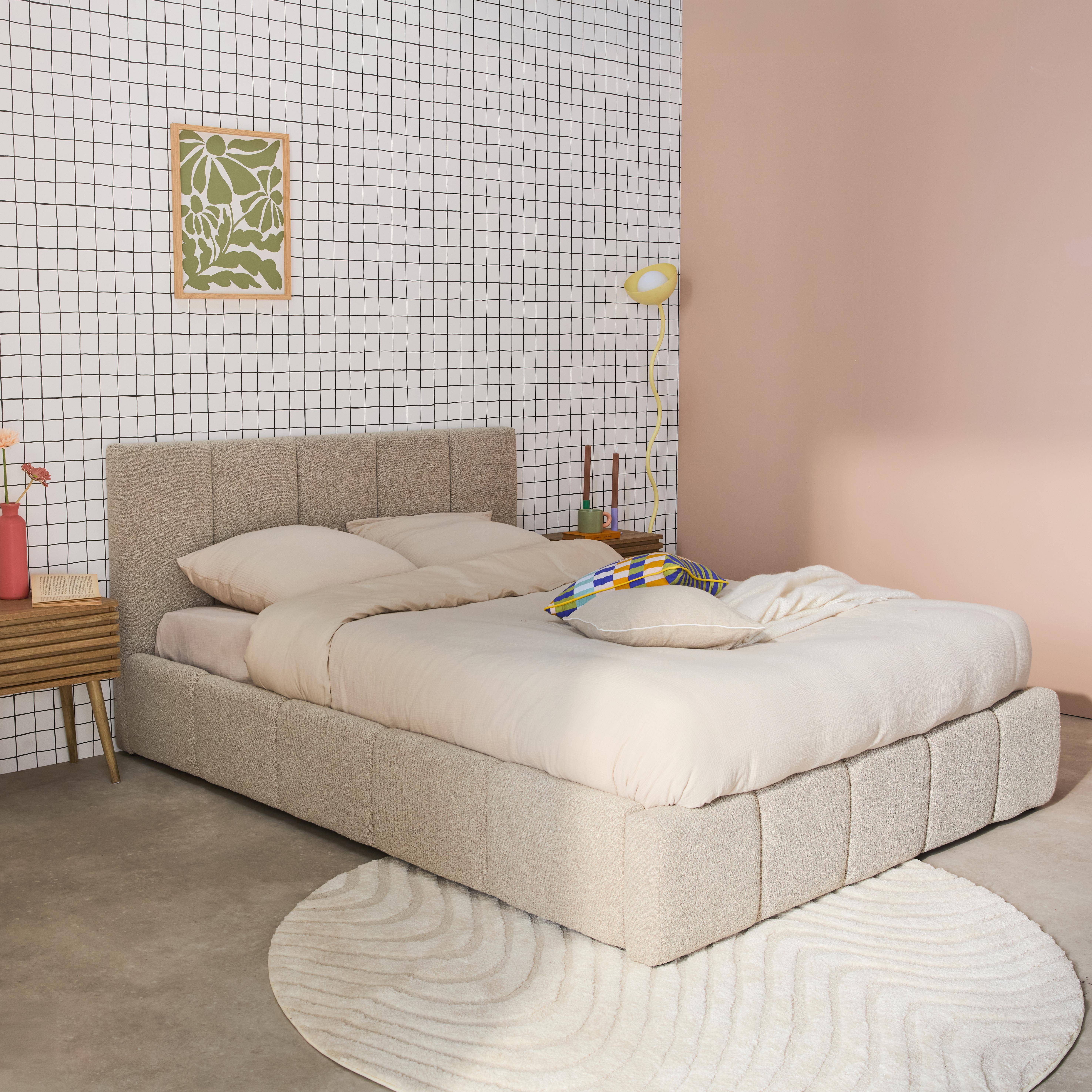 Lex - Cama baúl con somier a láminas y cabecero 140cm, acabado en borreguito