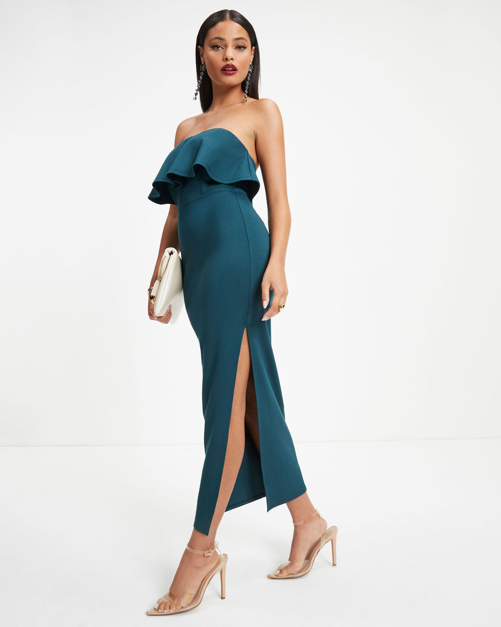 Cheers To The Night Strapless Ruffle Midi Dress - Dark Teal - Se7enfashion