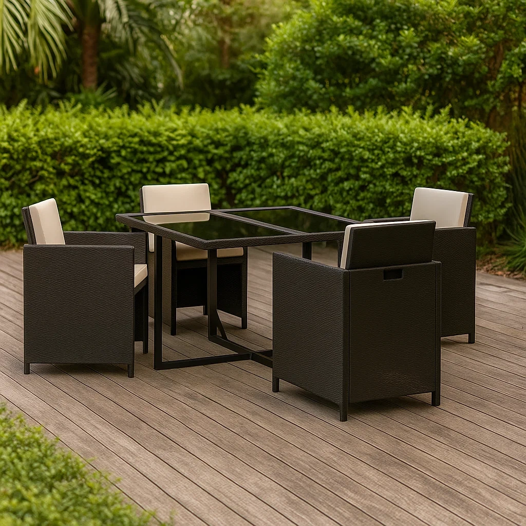Conjunto de comedor de jardín para 4 personas,Ratán sintético negro con cojines beige y mesa de vidrio templado - IKZRSwk226Kz