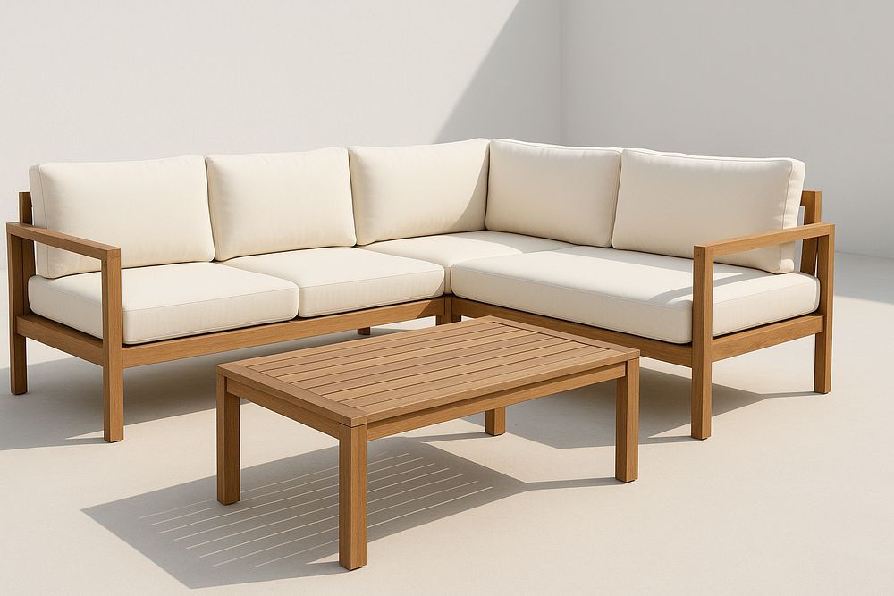Conjunto de exterior L con sofá 220x220x80 cm y mesa 100x60x40 cm, cojines beige desmontables, resistente UV
