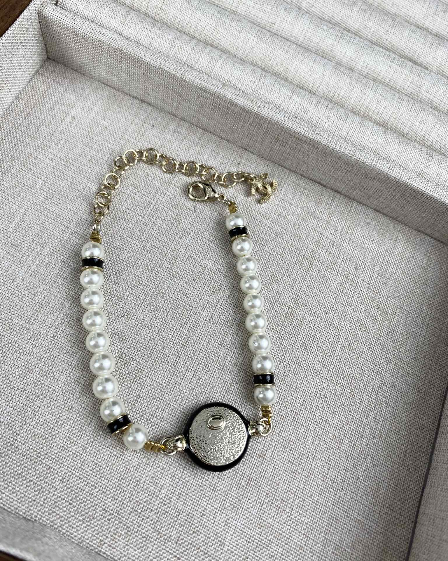 Chanel Black and White Round Charm Pearl Bracelet Necklace - Original Replica Club