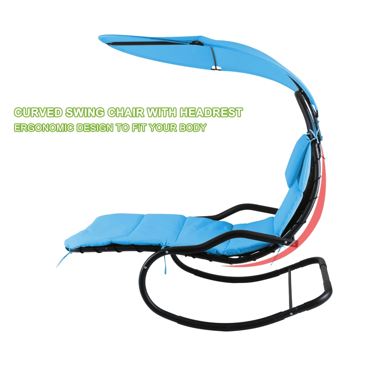 2X Rocking Hanging Lounge Chair - Curved Chaise Rocking Lounge Chair Swing For Backyard Patio w/ Built-in Pillow Removable Canopy with stand {Green} - Image 23