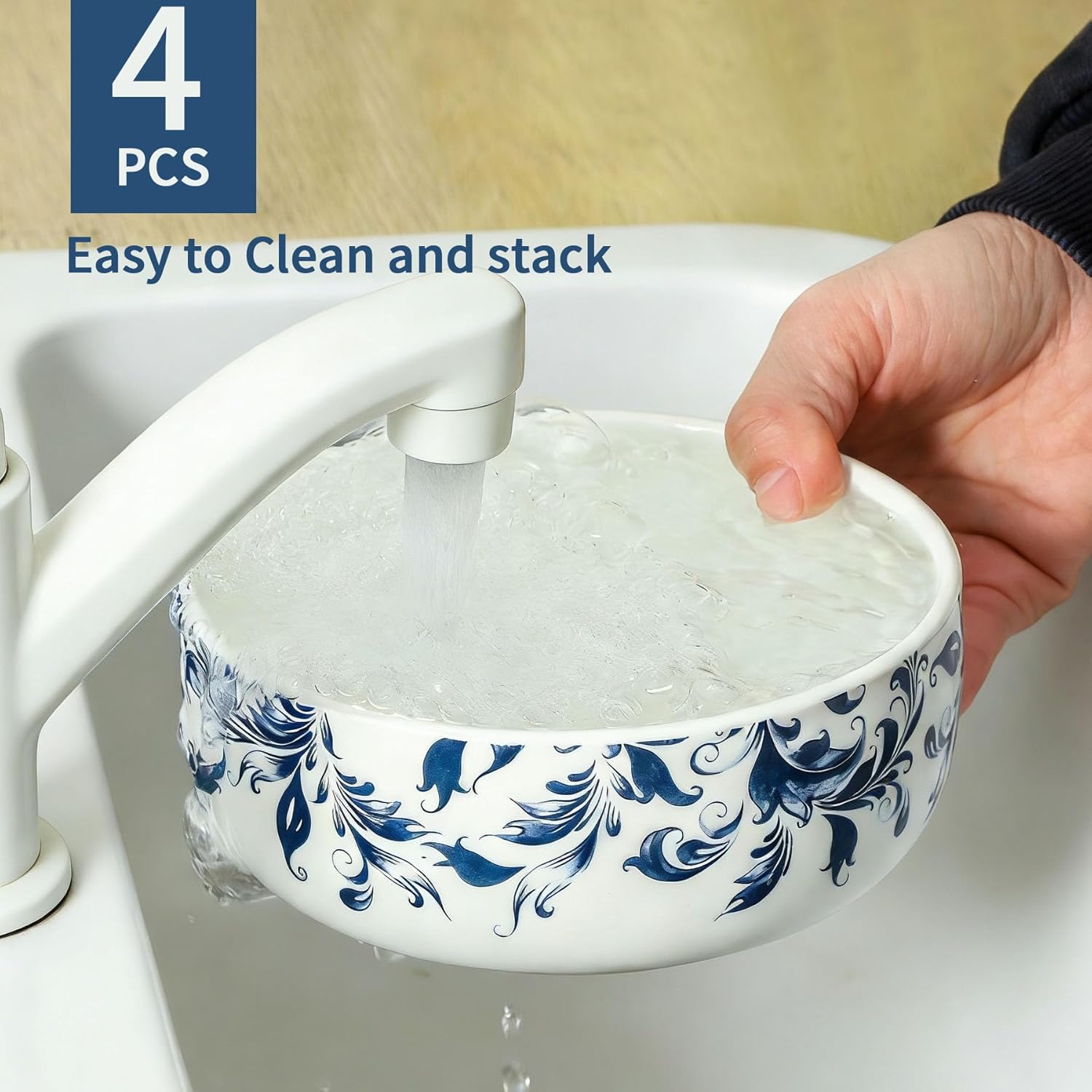Large Soup Bowls Set of 4, Ceramic Serving Bowl Japanese, Cereal Bowls for Breakfast, Blue and White bowl for Raman Oatmeal Salad Rice Pho, Microwave & Dishwasher Safe