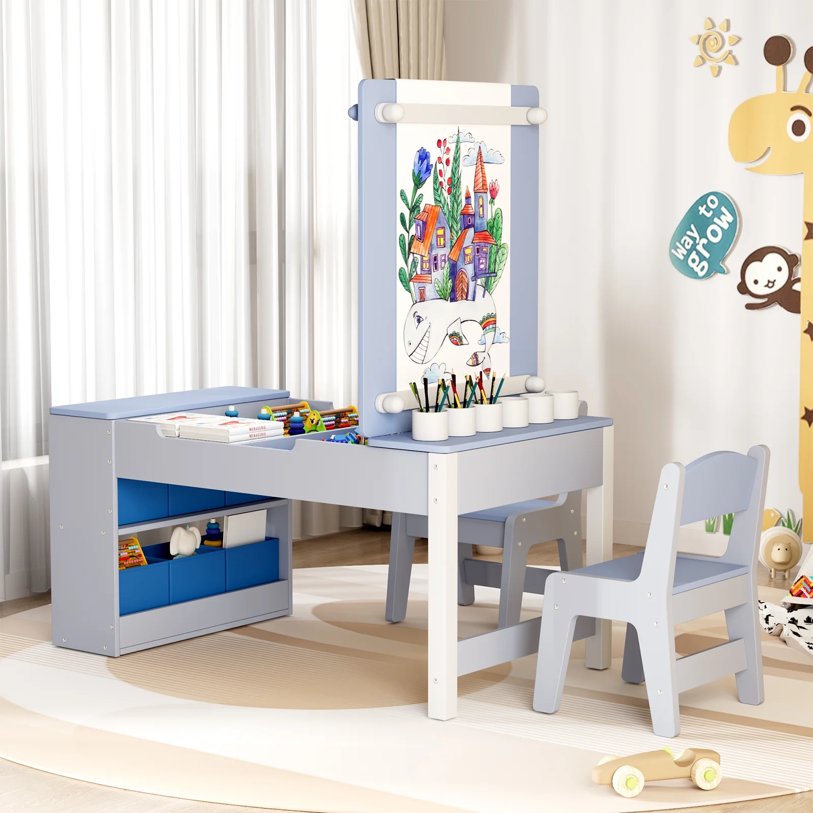 LAZY BUDDY Kids Art Table and 2 Chairs Set, 2 in 1 Easel & Toddler Craft Table and Chairs Set with Storage Bins, Paint Cups and Paper Roll, Activity Table Set for Children 3+ - Image 5