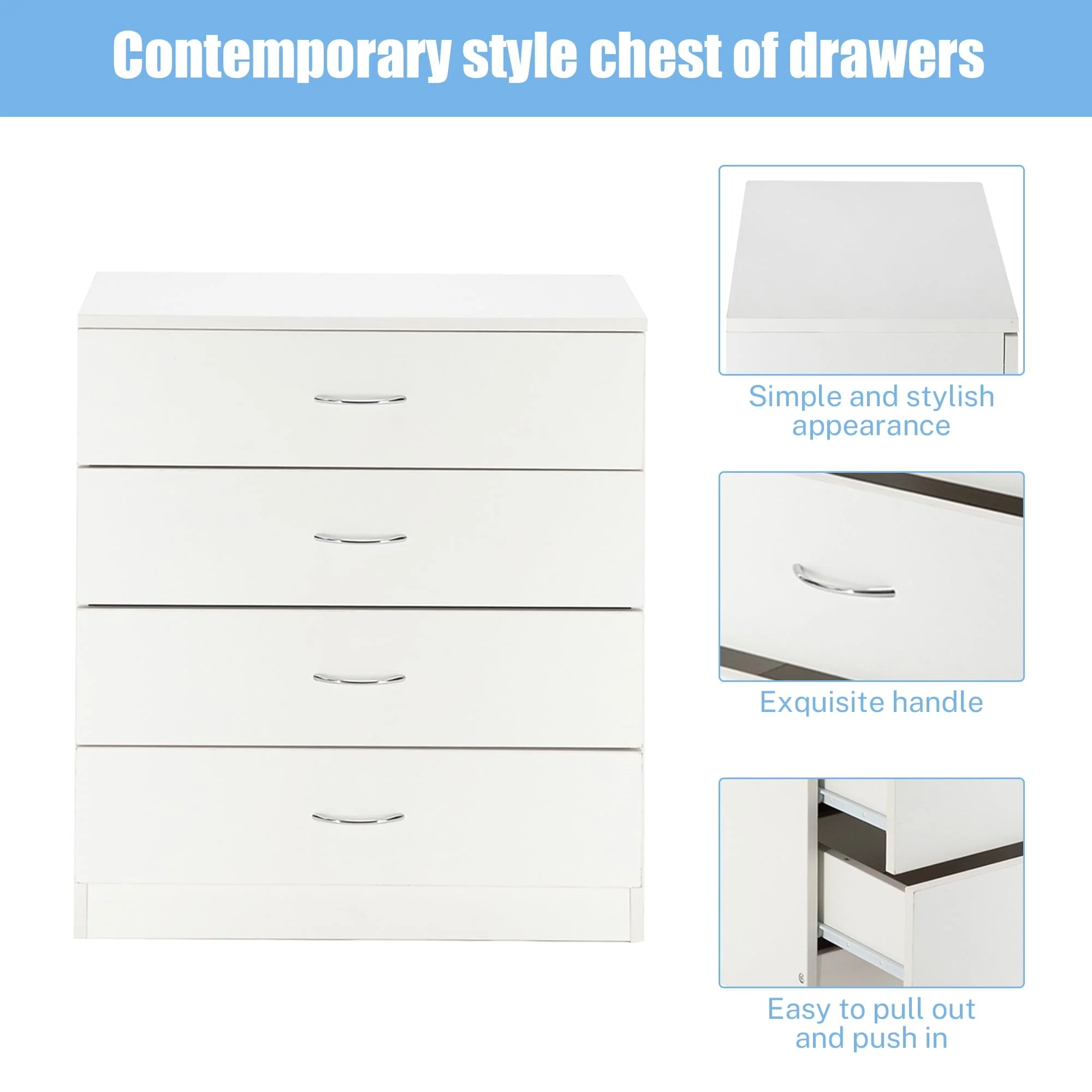 BTMWAY 4 Drawers Chest of Drawers, Wooden Chest of Drawers Storage Cabinet, Heavy Duty Wood Dresser Chest Cabinet for Bedroom, 25.98'' x 14'' x 22.05'', White - Image 6