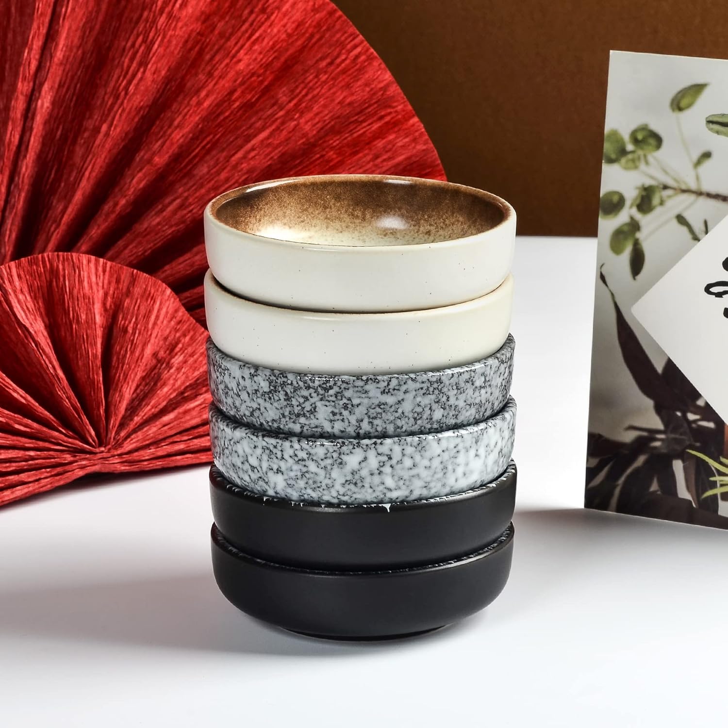 Ceramic Soy Sauce Dish set, Dipping Bowls Set of 6, Chip and Dip Bowls, Japanese Style 3 oz Round Small Dish for Dipping Sushi Tomato Soy Sauce Dish Condiment Finger Dishes