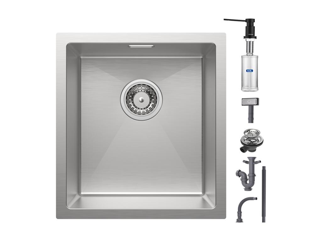 Pratcas Fregadero de cocina 1 seno 40x44x19 cm - Fregadero de acero inoxidable cepillado bajo encimera + Dispensador de jabón de cocina negro