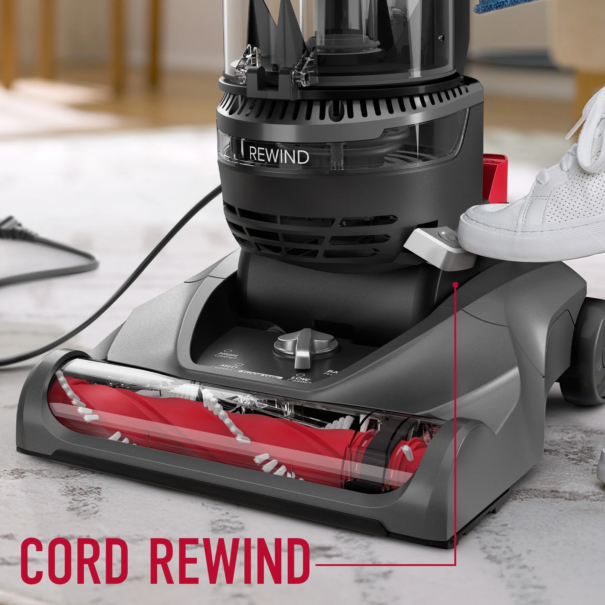 Hoover Rewind Pet Bagless Upright Vacuum Cleaner, Pet Friendly, Automatic Cord Rewind, Multi-Surface and Above Floor Cleaning, UH77410V, Gray & Red - Image 9